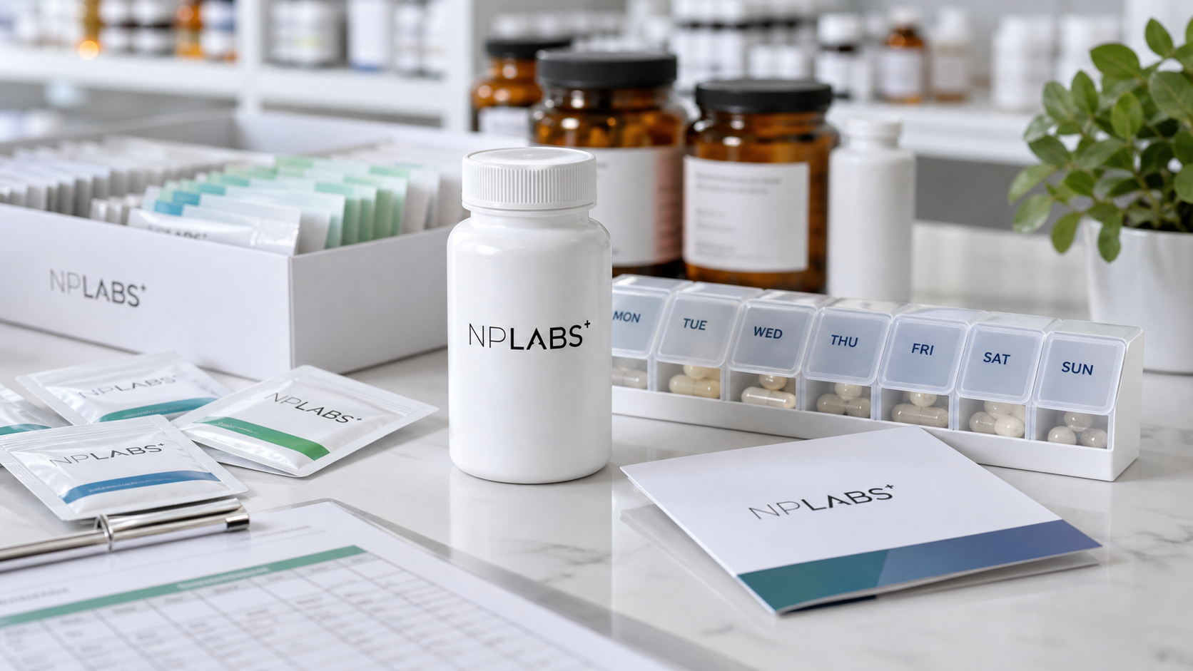 NPLabs supplement packaging, organizer, and patient information materials
