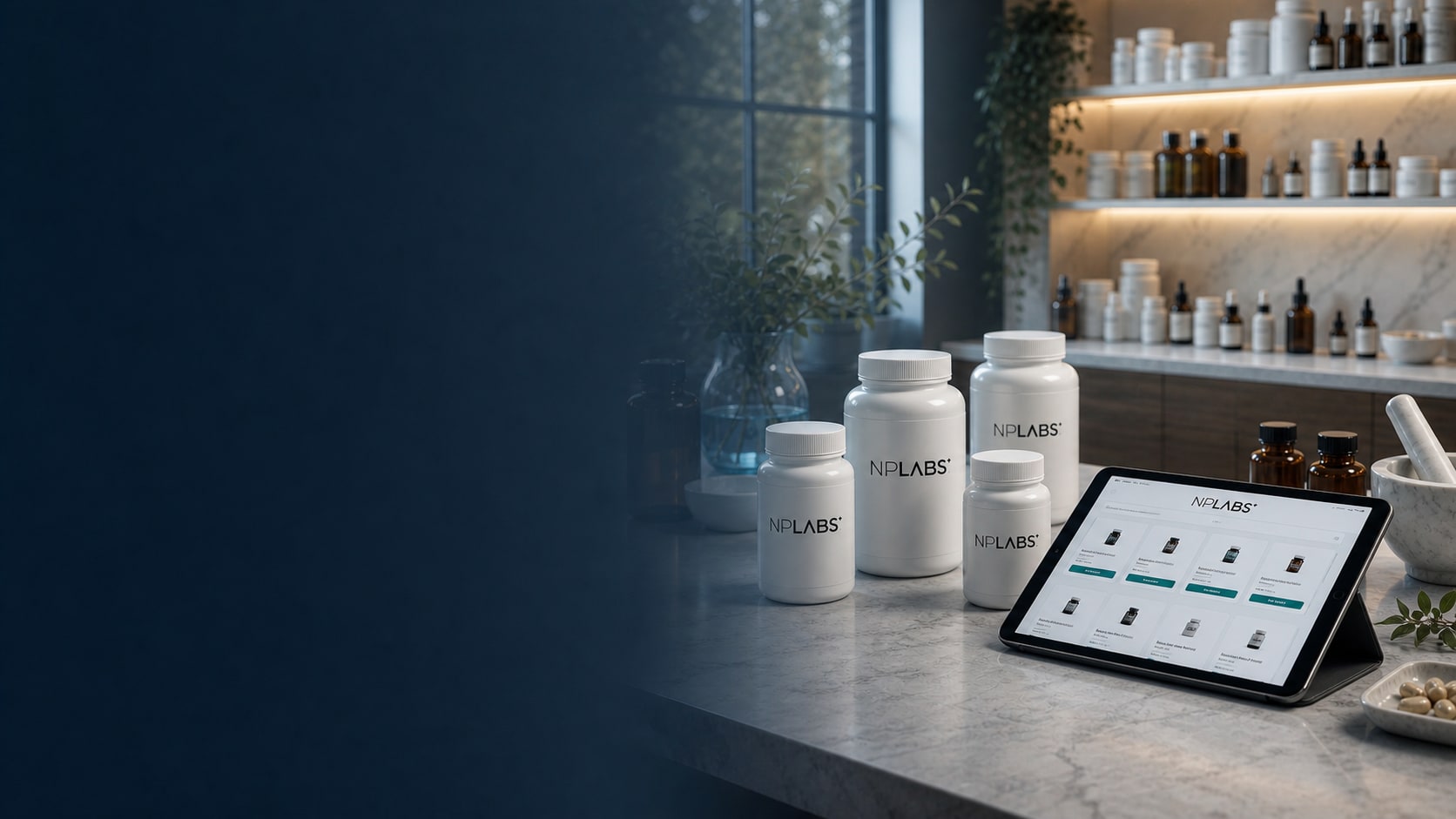 NPLabs pharmacy workspace with supplement bottles and a digital catalog